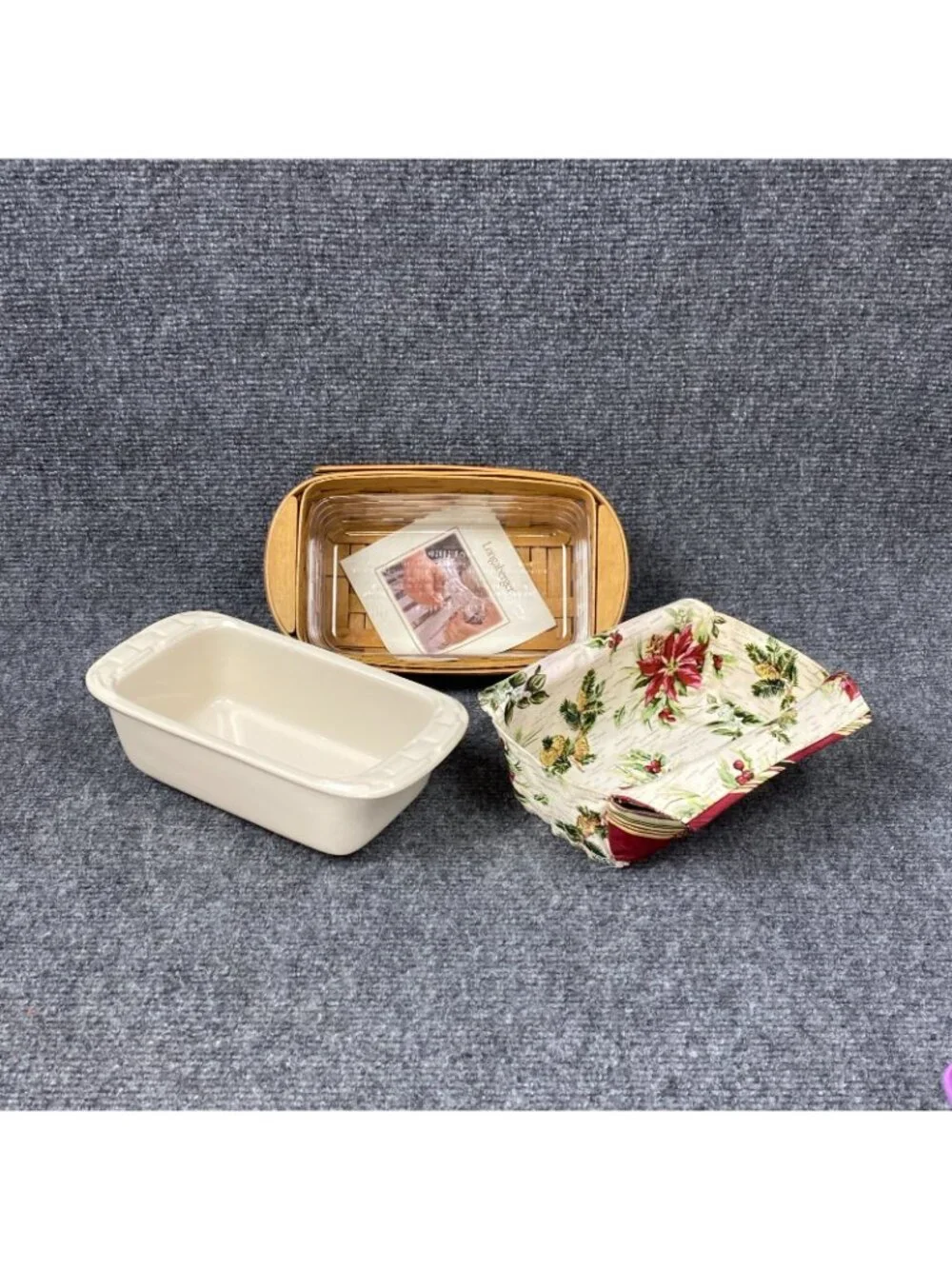 Longaberger Holiday Helper Basket 2006 Liner Protector Ivory Pottery Loaf Dish